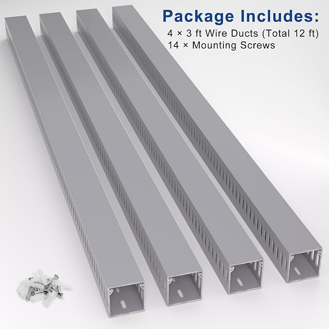 ZhiYo H1.6in W1.6in Professional Server Rack Cable Management Raceway, 12ft (4 x L3ft) Cable Raceway Kit, Electrically Safe PVC Open Slot Wire Raceway for Under Desk/Computer/Network Cords, Grey