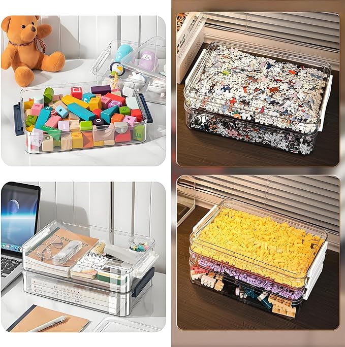 2 Pcs Plastic Portable Project Case, Clear Stackable Storage Boxes Organizer for A4 Files, Scrapbooks, Art Supplies (‎Blue Latch, Small)