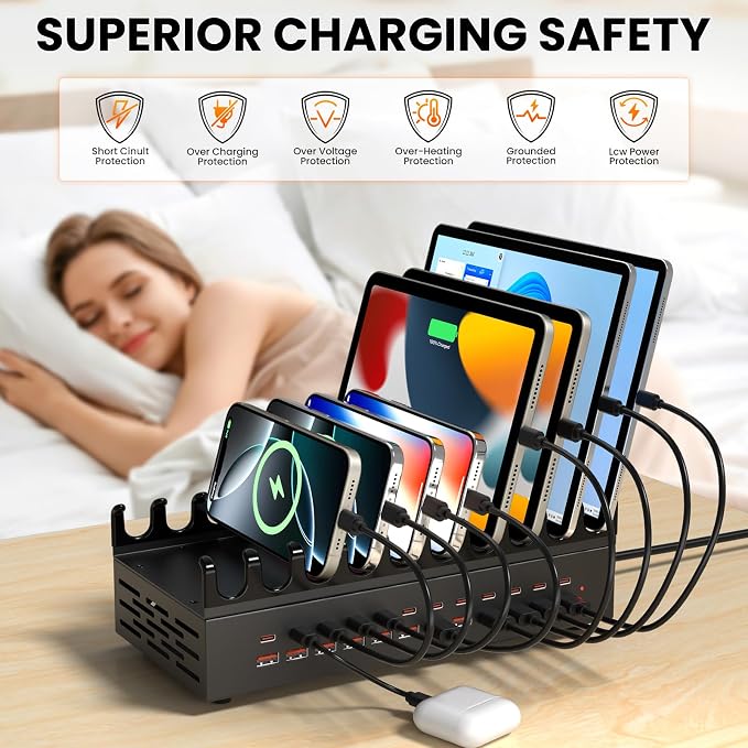 300W USB Charging Station for Multiple Devices - 24 Ports Desktop Multi Fast Charger Station with Device Organizer Stand & Multi Protection, USΒ Power Strip Suitable for Home Office School Studio