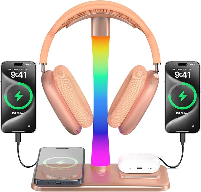 Headphone Stand with Wireless Charger,Gaming Headset stand with RGB Light Mode,For Airpod Max Stand Compatible with Airpod Pro/3/2,For iPhone 17/16/15/14/13/12/11,Gifts for Gamers & Music Lover (Gold)