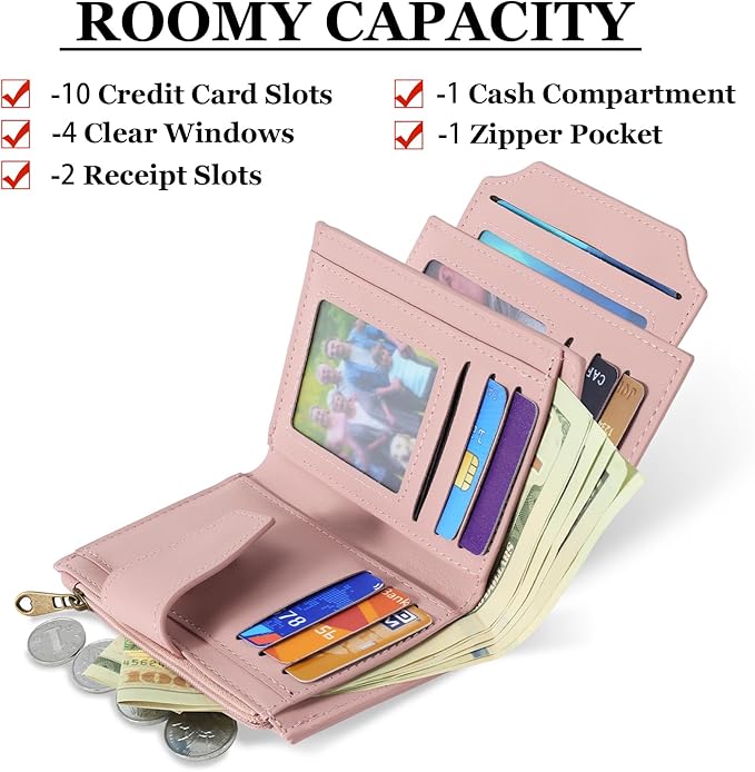 Airkit Small Wallet Women RFID Blocking Soft Leather Bifold Compact Card Holder Wallet for Women with Zipper Coin Pocket 4 ID Window