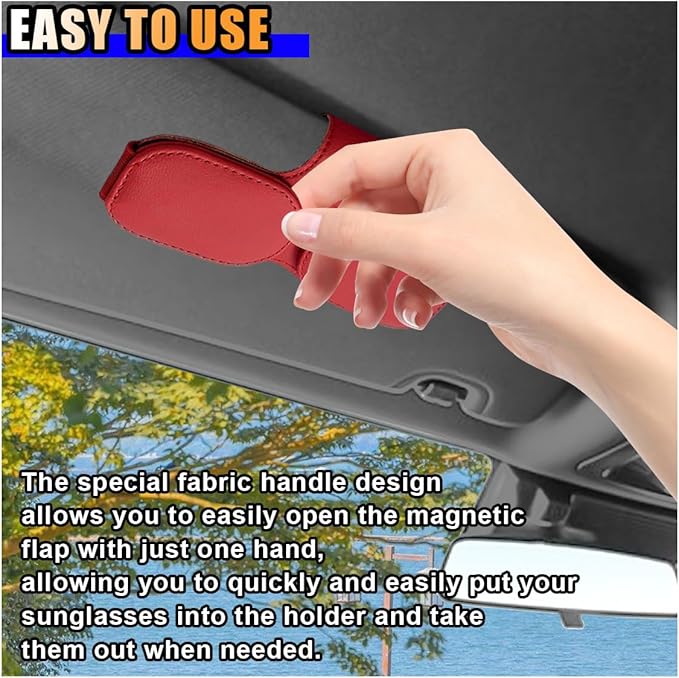 smilfuy Magnetic Leather Sunglasses Holder for Car Visor Clip, Car Sun Visor Ticket Card Clip Double Clip, Auto Glasses Eyeglass Hanger Clip, Eyeglasses Mount Interior Car Accessories (Red)