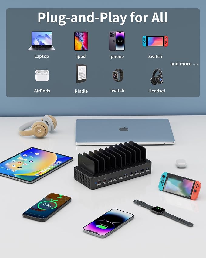 580W Charging Station for Multiple Devices, 10-Port USB C Fast Charger Station, Dual PD 100W Charging Dock with Adjustable Dividers & 6 Cables-Device Organizer for Laptop MacBook, iPhone, iPad