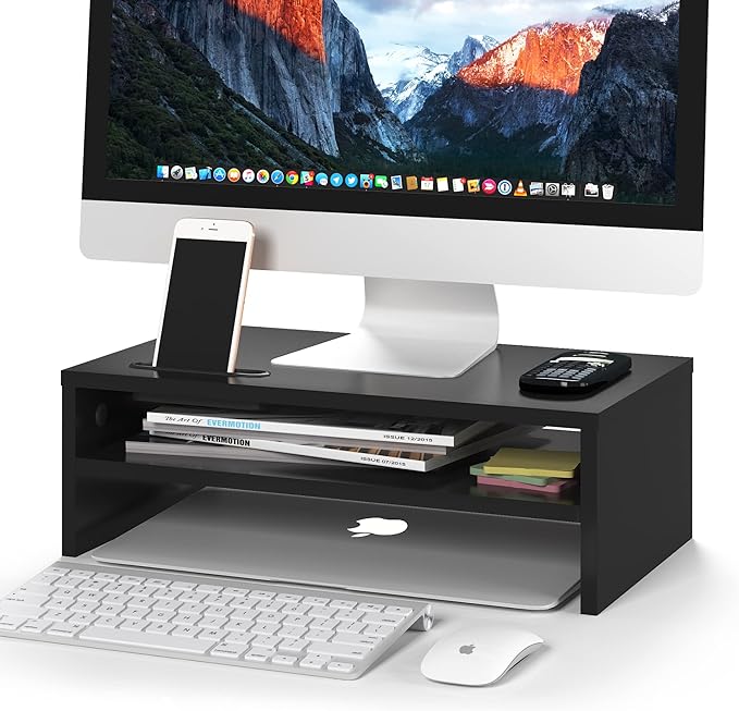 BONTEC Wooden Monitor Stand Riser, 2-Tier Desk Shelf with Storage Organizer, Ergonomic Computer Stand with Cable Management, Cellphone Holder, Black, 16.5 Inch