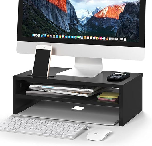 BONTEC Wooden Monitor Stand Riser, 2-Tier Desk Shelf with Storage Organizer, Ergonomic Computer Stand with Cable Management, Cellphone Holder, Black, 16.5 Inch