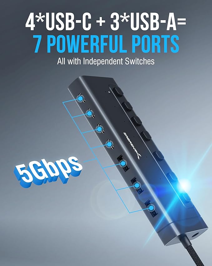 SABRENT 7-Port USB-C Hub with Power Switches, 5Gbps USB 3.2, 48W Powered Hub with 3 USB-A + 4 USB-C Ports, 20W PD, LED Status, Aluminum Body – for Mac, PC, Steam Deck, ROG Ally (HB-3A4C)