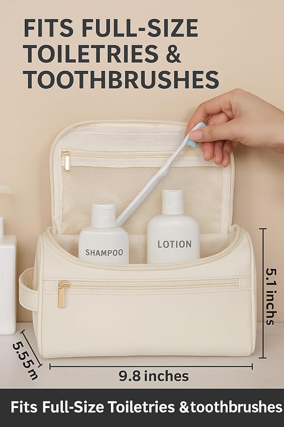 Travel Toiletry Bag – Soft Vegan Leather, Waterproof Hanging Design with Hook, – Cream White with Gold Accents, Full Size
