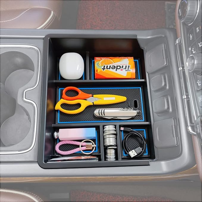 TACOBRO Full Center Console Organizer Compatible with 2014-2018 Sierra 1500 /Silverado 1500 Accessories 2015-2019 Silverado/Sierra 2500 3500HD Compartment Cover Insert Tray Storage, Blue