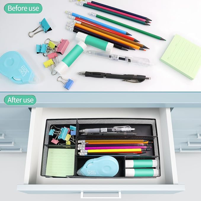GAQWOK Small Metal Mesh Desk Drawer Organizer Tray for Paper, Office, Bathroom, Kitchen, Makeup & Vanity - Versatile Drawer Organizer