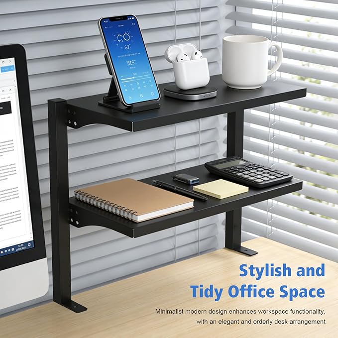 Clamp On Desk Shelf 2 Tier Office Desk Shelves Organizer, Adjustable Above or Under Desk Storage Shelves, Tabletop Book Storage Rack Heavy Duty Desktop Organizer for Working and Gaming Accessories