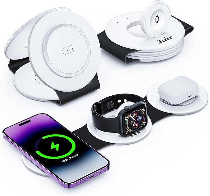 Hicober 3 in 1 Charging Station for Apple Multiple Devices, Foldable Travel Wireless Charger 18W for iPhone Air 17 16 15 14 13 Pro Max Plus &Apple Watch Series/Airpods Black&White