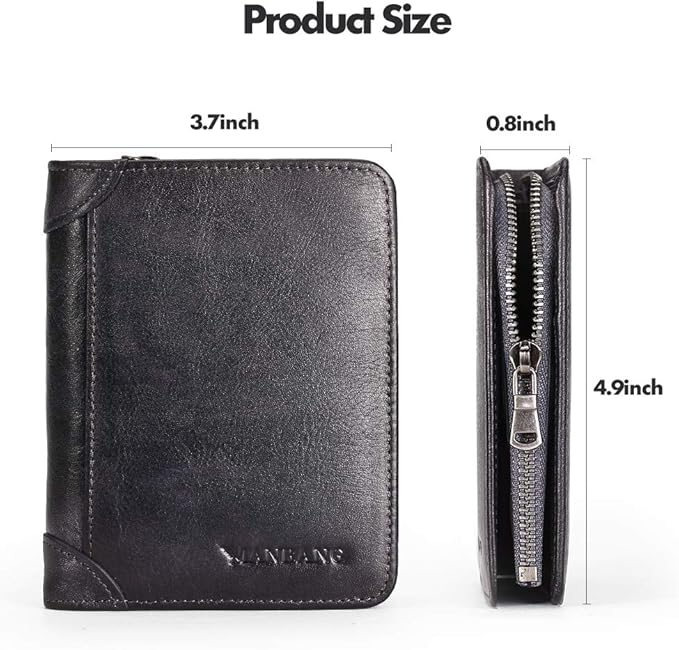 MANBANG Mens Wallet Zipper Genuine Leather RFID Card Holders Cowhide Zip Coin Pocket Bifold wallets for men