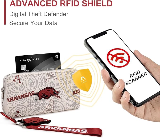Arkansas Razorbacks Organizer Wallet with RFID Blocking & Keychain, Arkansas Team Logo Clutch Purse, Zip Wallet for Game Day, Concert, Graduation Gift | Beige, NC-AFU011BG