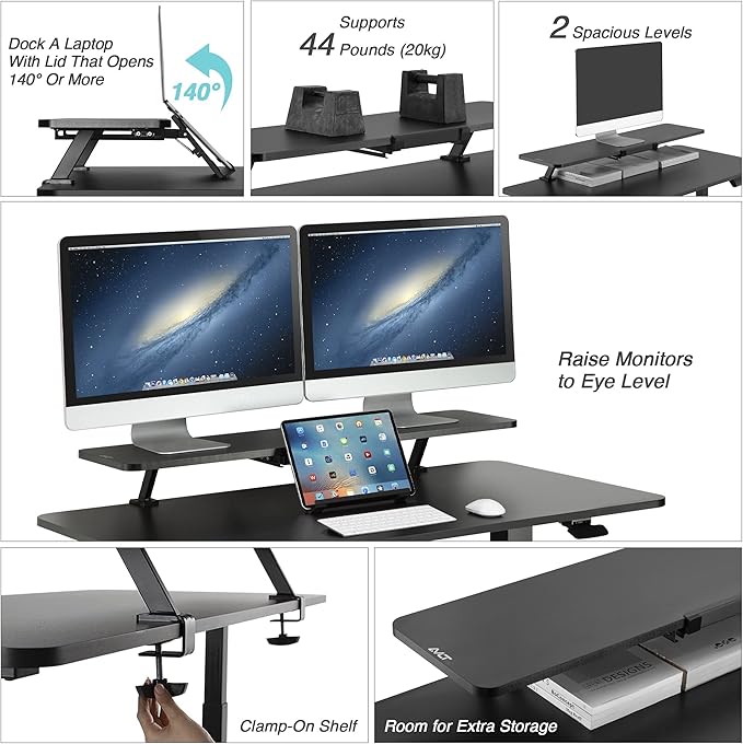 AVLT Clamp Desk Shelf Dual 32" Monitor Clamp-On Monitor Riser With Slide Out Holder For Convertible Laptop Tablet Smartphone (Black) - Floating Monitor Stand (Shelf Only)