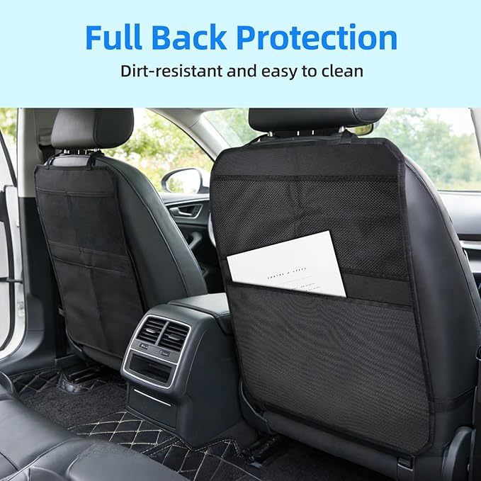 Back Seat Cover for Kids – 2 Mesh Pockets + 1 X-Large Storage Organizer, Waterproof Car Seat Back Protector for Vehicles, Protects Upholstery from Dirt, Mud & Scratches, Black (2)