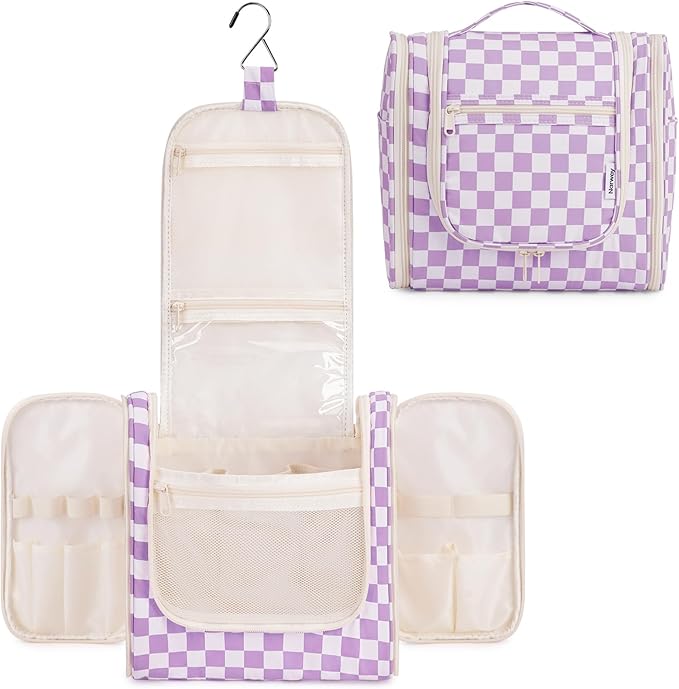 Narwey Checkered Hanging Travel Toiletry Bag for Women, Travel Bag for Toiletries, Makeup Bag Organizer Cosmetic Bags Make Up Bags for Women (Purple Checkerboard)