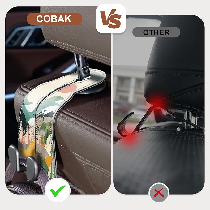 CoBak Purse Hook for Car - Universal Premium Stitched Leather and Aluminum-Magnesium Alloy Double Car Seat Back Storage Hook for Purses, Handbags, Bags (2 Pack),Mountain Calm