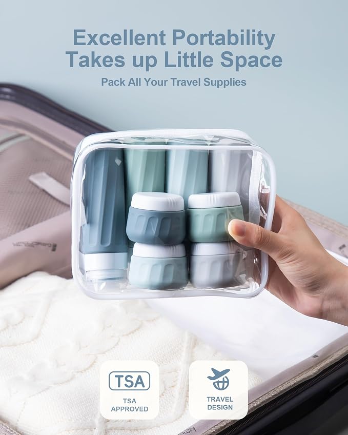 Mrsdry Travel Bottles for Toiletries 8 Pack, Travel Size Toiletries, Tsa Approved Travel Size Containers 3oz, with Travel Essentials Clear Bag, Leak Proof Silicone Squeezable Creams Jars