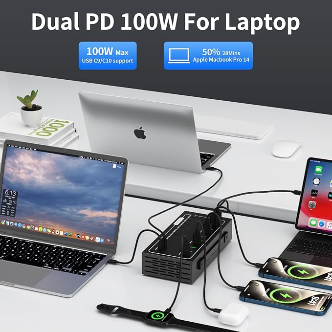 690W USB Charging Station, 20 Port (10 PD+10 QC) USB C Charger Block, Fast Charging Station for Multiple Devices with Smart Power Delivery for Laptop, iPhone, iPad, Tablet and More