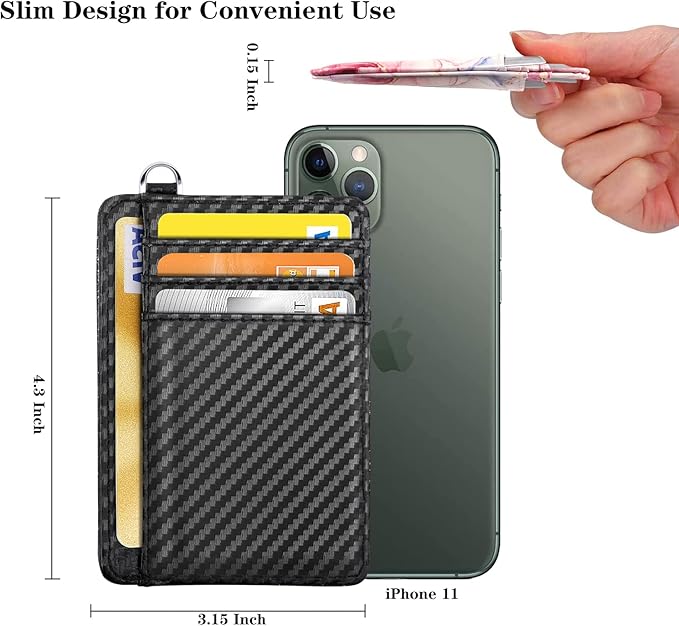 Coco Rossi Slim Front Pocket Wallet RFID ID Card Holder Cute Small Wallet with Keychian for Women,Carbon Fiber