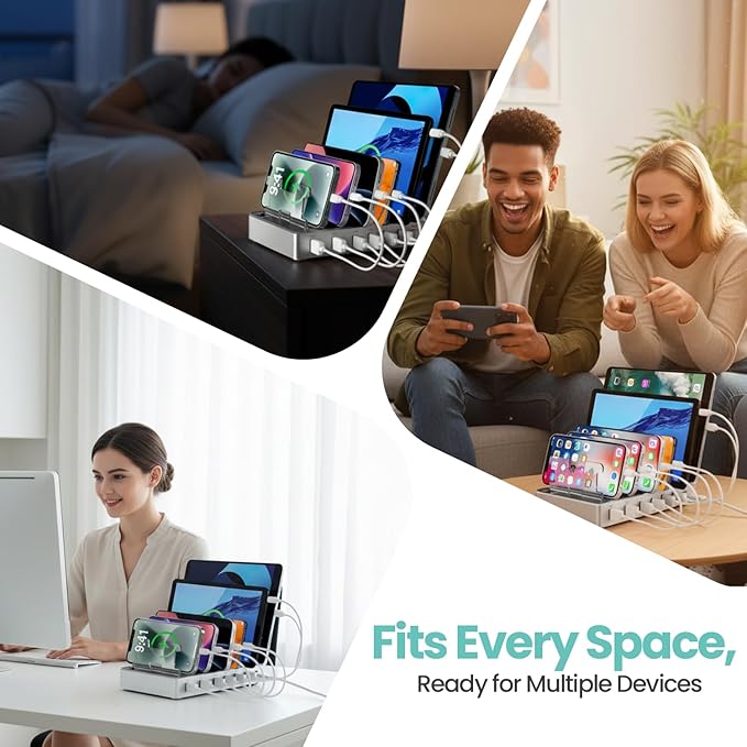 300W Fast Charging Station for Multiple Devices, 6 Port USB Charging Hub, Universal Desktop Charger Organizer Compatible with iPhone iPad Android Phones Tablets Kindle Home Office Travel