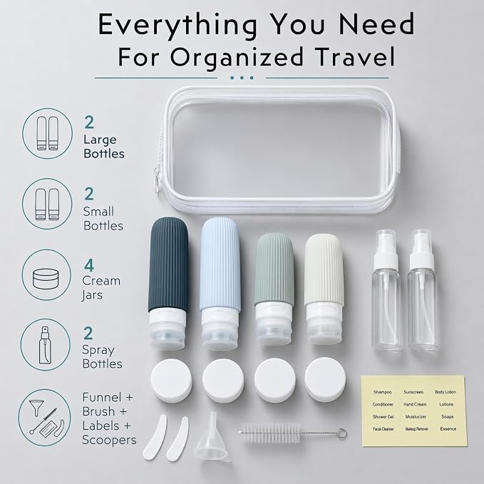 16 Pack Travel Bottles Set - TSA Approved Toiletry Bottles, Leak Proof Refillable Silicone Travel Size Containers with Jars, Spray Bottles, Funnel, Brush & Clear Bag for Carry-On, Camping & Vacation