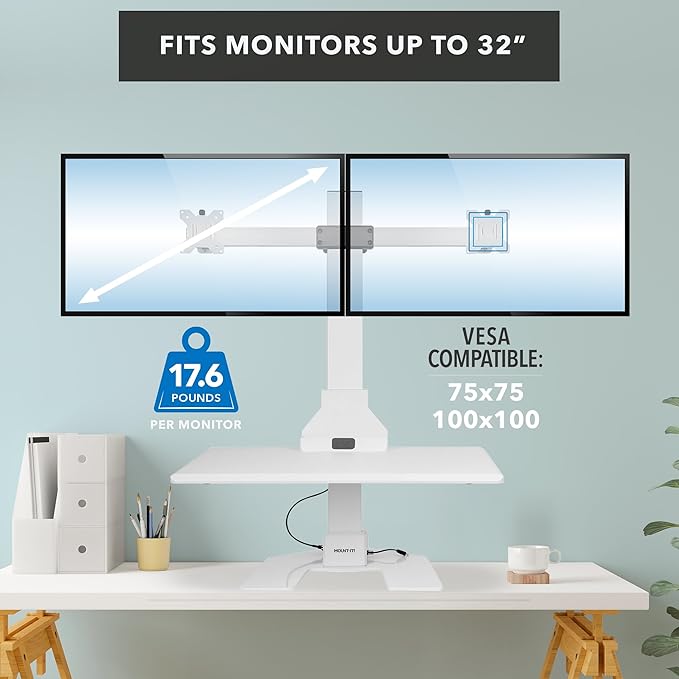Mount-It! Electric Standing Desk Converter, Motorized Sit Stand Desk Riser with Dual Monitor Mounts, Adjustable Height Ergonomic Workstation with 28??Wide Platform and Tablet/Phone Slot, White