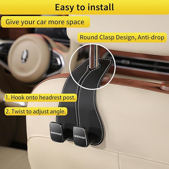 WEIHAO Wide Purse Hook for Car, Twin Hook Leather Car Headrest Hangers, Car Seat Back Storage Hook, Headrest Hooks Purse Bag Holder for Car Universal Fit Sedan Trucks SUVs Most Vehicles (Black-1PC)