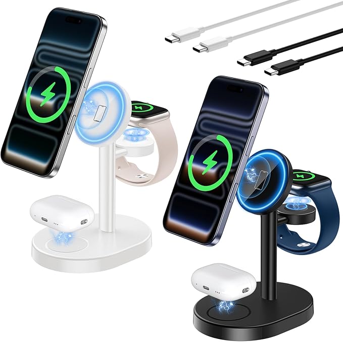 Hevanto 2026 3 in 1 Wireless Charging Station for Apple MagSafe Charger, 15W Fast Magnetic Mag-Safe Charger Stand for iPhone 17 16 15 14 13 12 Watch AirPods (Adaptor Not Included), 2 Pack Black&White