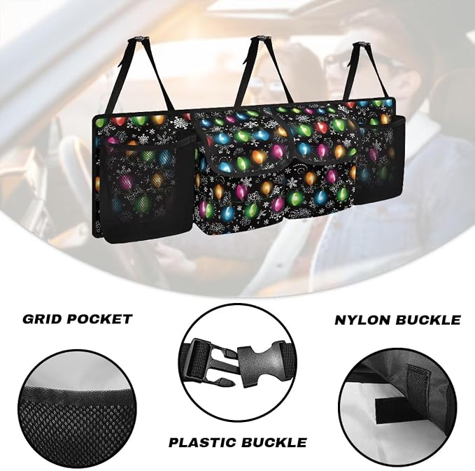 Christmas Colorful Lights Trunk Organizer,Capacity Car SUV Organizer with Elastic Net, Hanging Car Storage Bag with Lids, Space Saving Expert