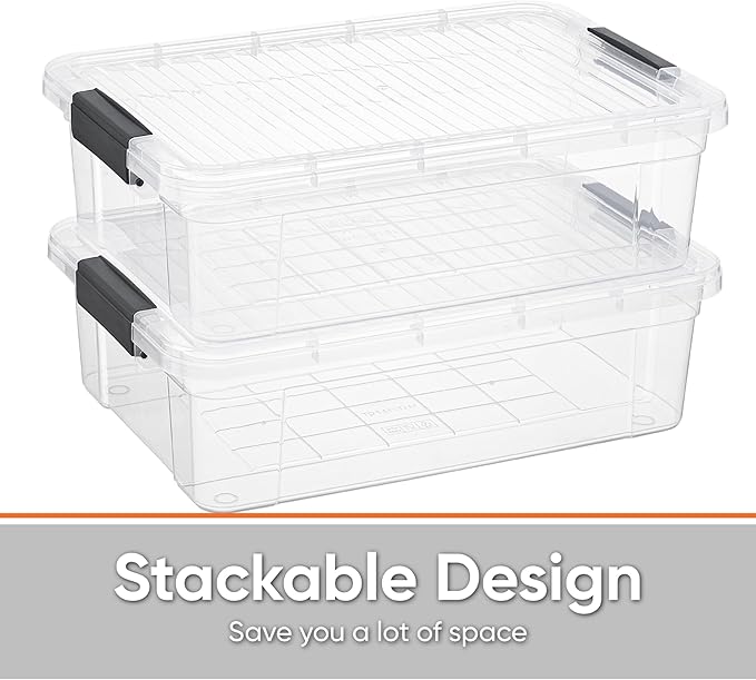 Superio Clear Storage Box with Lid, 13.7 Quart Plastic Container Bins for Organizing, Stackable Crates, BPA Free, Non Toxic, Odor Free, Organizers for Home, Office, School, and Dorm
