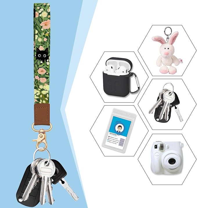 Blusabaca Credit Card Holder for Women, Black Cat Flower Small RFID Blocking Wallet with Wristlet Strap, Keychain Zipper Wallet, Leather Card Case, Card Wallet Purse with Key Lanyard