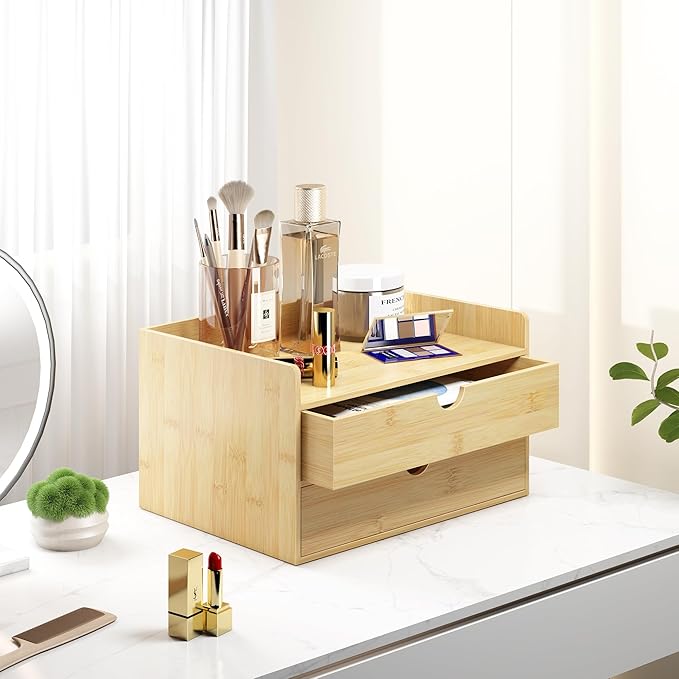 Wisuce Desk Organizer with Drawers - Bamboo Desktop Organizer Storage-Natural Wood Desk Drawers Organizer for Bills, Office Supplies, Cosmetics, Seals No Assembly Required(2 drawers with Shelf)