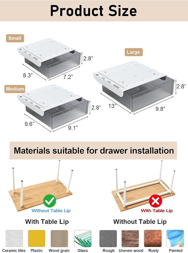 Under Desk Drawer Set of 3, Slide-Out Under Desk Storage Drawers (Large/Medium/Small), Thick Rigid PET Material, Suitable for Home Office, Desk, or Coffee Table