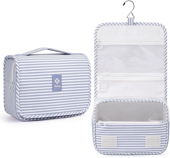 Narwey Small Hanging Toiletry Bag for Travel Women Girl, Striped Toiletries Travel Bag with Hook, Hanging Makeup Bag Organizer Make Up Cosmetic Bags, Gifts for Kids Teen (Greyish Blue Stripe)