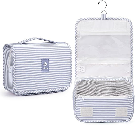 Narwey Small Hanging Toiletry Bag for Travel Women Girl, Striped Toiletries Travel Bag with Hook, Hanging Makeup Bag Organizer Make Up Cosmetic Bags, Gifts for Kids Teen (Greyish Blue Stripe)
