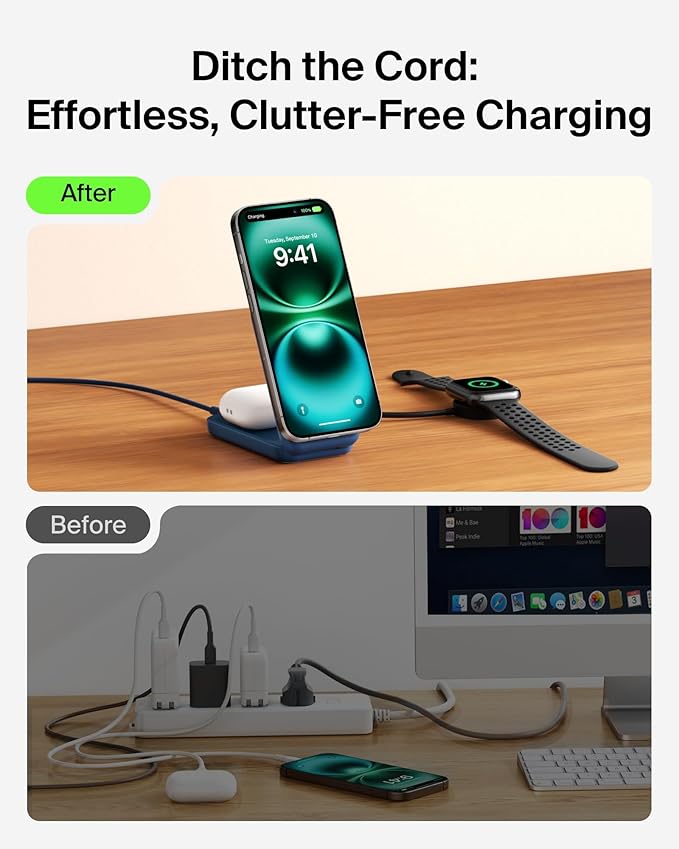 Belkin MagSafe Charger, Compatible 2-in-1 Charging Station, Qi2.2 25W Magnetic Wireless Charger iPhone, Foldable Stand, with 5W USB-C Port, for iPhone 17/16/15, Pixel 10, AirPods, 45W Adapter Included