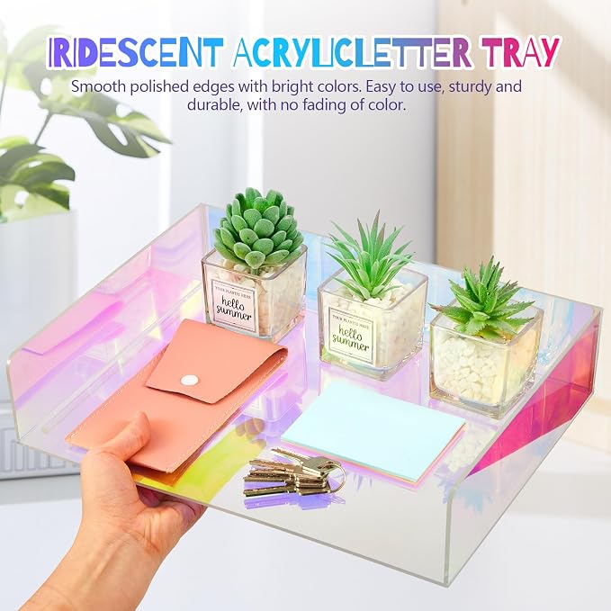 Suzile 3 Pcs Iridescent Acrylic Letter Organizer 12.6 x 9.5 x 2.8 Inches Stackable Iridescent Letter Tray Paper Tray for Desk File Document Folder Notebooks Stationery Office Accessories (Horizontal)