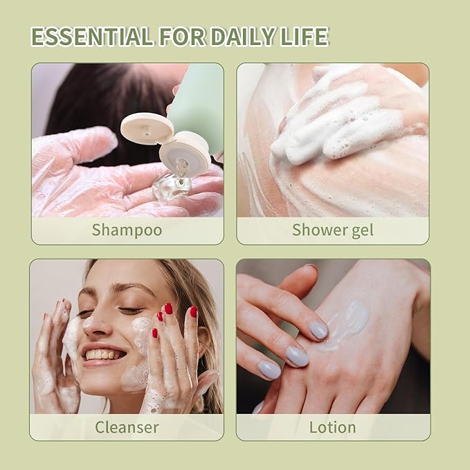 Empty Shampoo Bottles 6.7oz - Large Size Refillable Plastic Liquids Toiletry Containers - Empty Leak Proof Lotion Toiletries Dispenser - Green Flip Cap Top Body Wash and Cosmetic Set 4 Pack