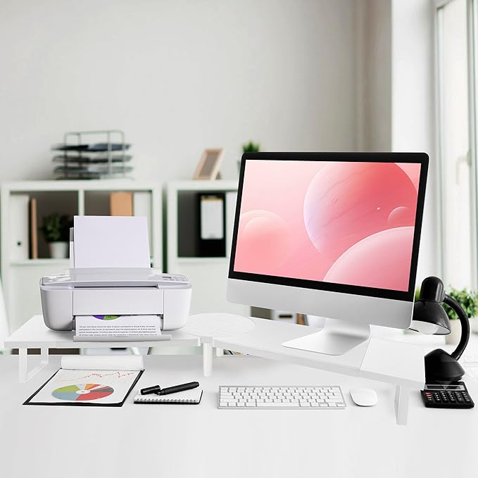 Dual-Monitor Stand for Desk - Large Adjustable Length and Angle Riser for 2 Monitors, Double Computer Desktop Organizer, Shelf for TV, Laptop, Printer