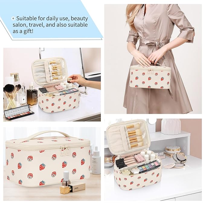 OCHEAL Makeup Bag,Travel Makeup Organizer Bag, Large Capacity Cosmetic Bags For Women Large Travel Toiletry Bag Girls Traveling With Brush Slot And Divider-PU Strawberry