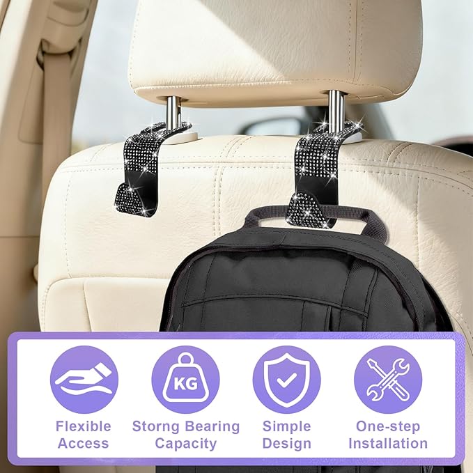 BFXM 6 Pack Bling Car Seat Headrest Hooks, Rhinestone Purse Hook for Car, Universal Storage Organizer for Handbag Grocery Bags Coats, Bling Car Accessories for Women (Bling Black)