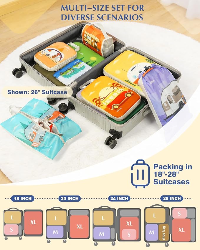 Gonex Compression Packing Cubes, 10pcs Expandable Storage Travel Luggage Bags Organizers with Hanging Toiletry Bag Laundry Bag Shoe Bag Accessories Bag, Travel Cubes for Suitcase Carry On (RV)