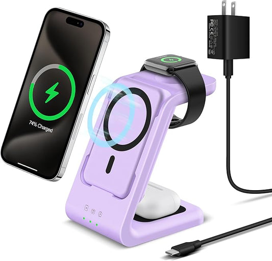 3 in 1 Wireless Charging Station: 5000mAh Removable Power Bank Charger Stand for Phone/Watch/Air Pods - Portable Magnetic Battery Pack for Air 17 16 15 14 13 12 Series Purple