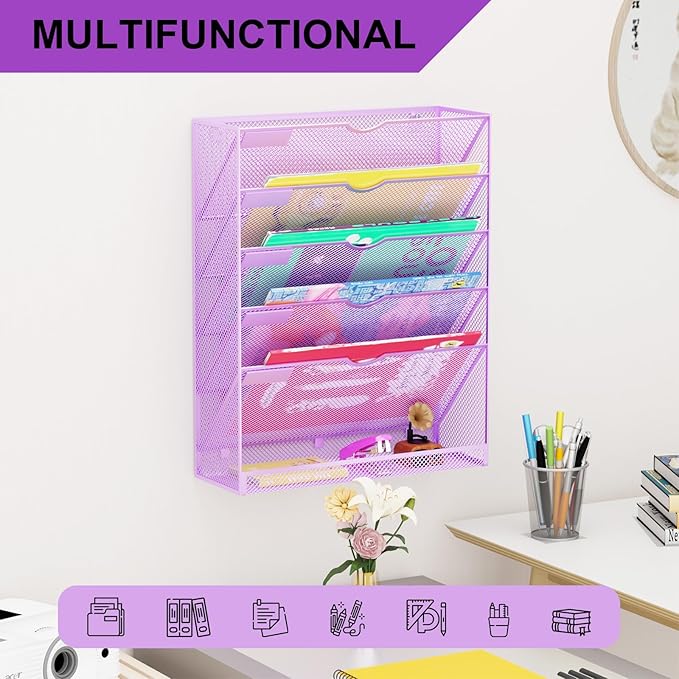 Hanging Wall File Organizer 6 Tier Wall Mounted Mail Paper Folder Holder Document Organization Stand, Vertical Desk Magazine Rack for Office Home Cubicle Countertop, Light Purple