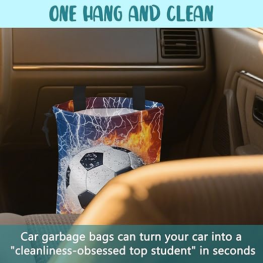 Car Garbage Bag Soccer Ball with Water and Fire Drawstring Car Trash Bag Hanging for Back Seat with Adjustable Buckle Canvas Vehicle Trash Can Easy-to-Install