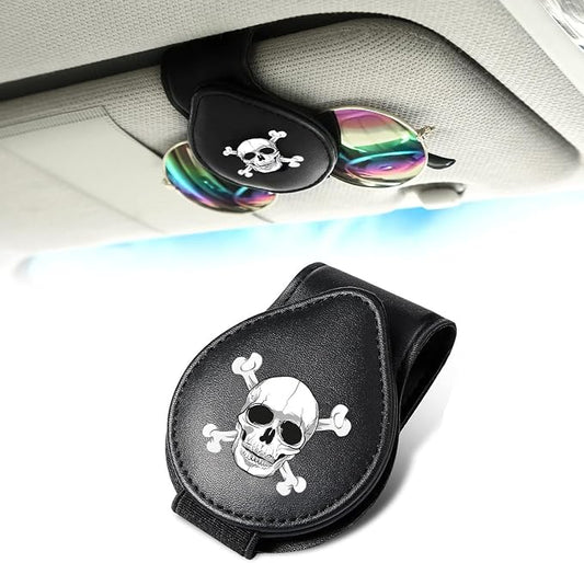 Sunglass Holder for Car Visor, for Anime Skull Skeleton Magnet Sunglasses Holder for car, Cartoon Leather Car Sunglass Holder, Visor Sunglass Holder with Glasses Cards