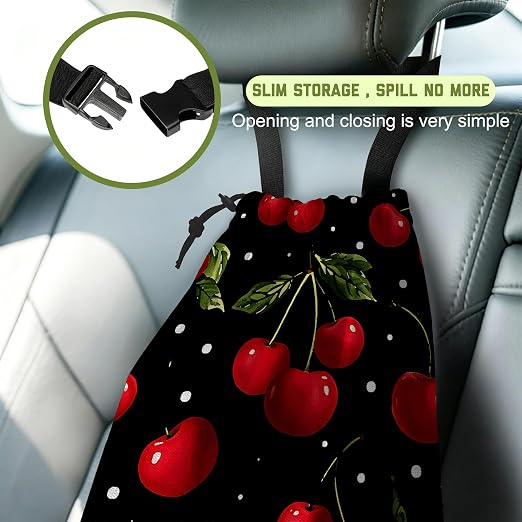 Car Garbage Bag Red Cherry Drawstring Car Trash Bag Hanging for Back Seat with Adjustable Buckle Canvas Vehicle Trash Can Easy-to-Install for Car Accessories Vehicle Travelling Camping