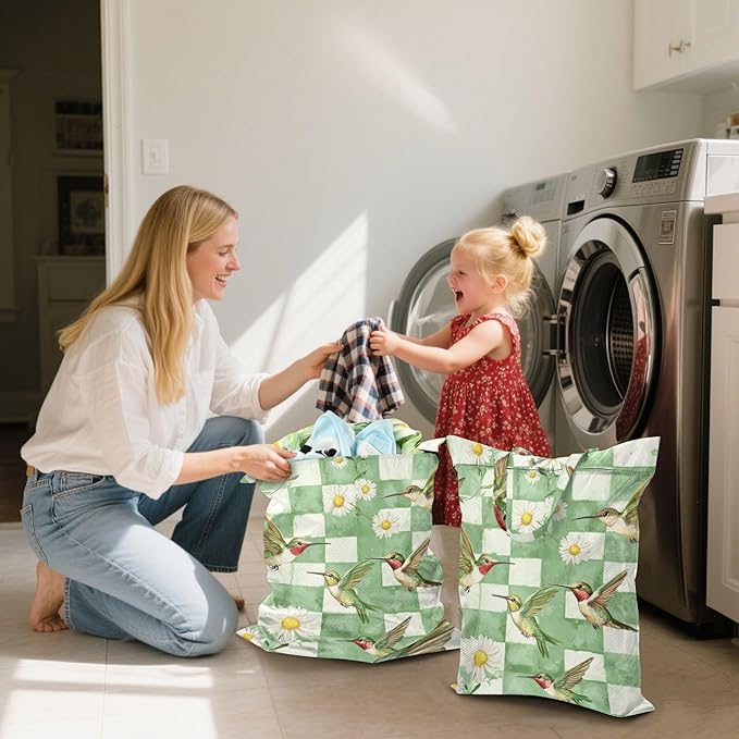 Travel Laundry Bags 2 PC Wet Dry Bag with Handle Dirty Clothes Organizer for Swimsuits Beach Camping Waterproof Washable Cute Hummingbirds Daisy Checkerboard Green and White