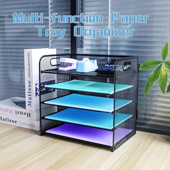 5 Tier Desk Organiser with Handle, Pull-Out Mesh File Organizer for Letter Tray Organizer Mesh Desk Organiser Tray Paper Storage Rack for A4 File Office Supplie, Black